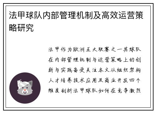 法甲球队内部管理机制及高效运营策略研究